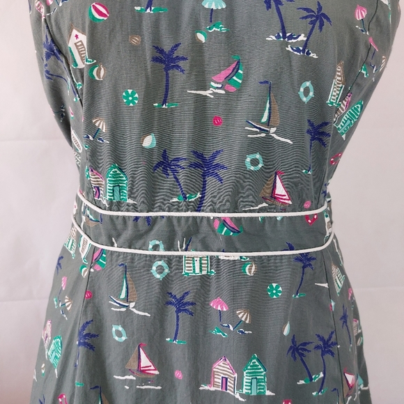 Debenhams Beach Hut Palm Print 100% Cotton Sleeveless Green Unique Dress Size 16 - Picture 11 of 11